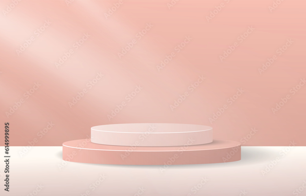 Abstract 3D room with realistic cylinder pedestal podium set. Minimal scene for product display presentation. Vector geometric platform. Stage for showcase. Abstract 3D room with realistic cylinder pedestal podium set. Minimal scene for product display presentation. Vector geometric platform. Stage for showcase.