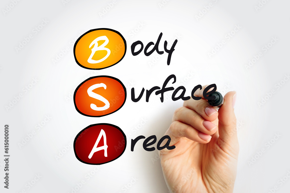BSA Body Surface Area - measured or calculated surface area of a human body, acronym text concept background BSA Body Surface Area - measured or calculated surface area of a human body, acronym text concept background
