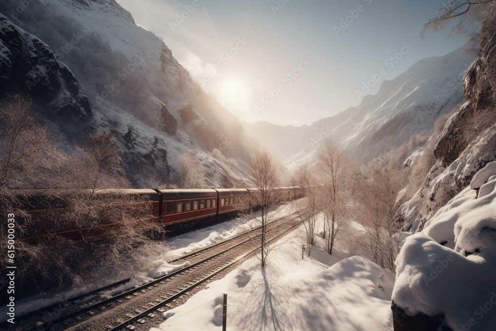 Railway passing through snowy mountains. Generative AI