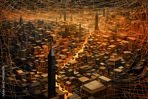Abstract Surrealistic Tangled Forms City. Generative AI. A digital illustration of a surrealistic, abstract city with tangled forms.