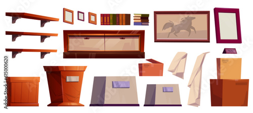 Cartoon museum gallery interior furniture set. Podium display for history showcase and image frame asset collection. Books shelve and stand for award exhibit with metal signboard isolated design