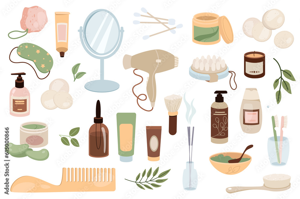 Obraz premium Bathroom items mega set graphic elements in flat design. Bundle of creams, mirror, cotton buds, cosmetics, sleep mask, lotion, hair dryer, massage brush, other. Illustration isolated objects