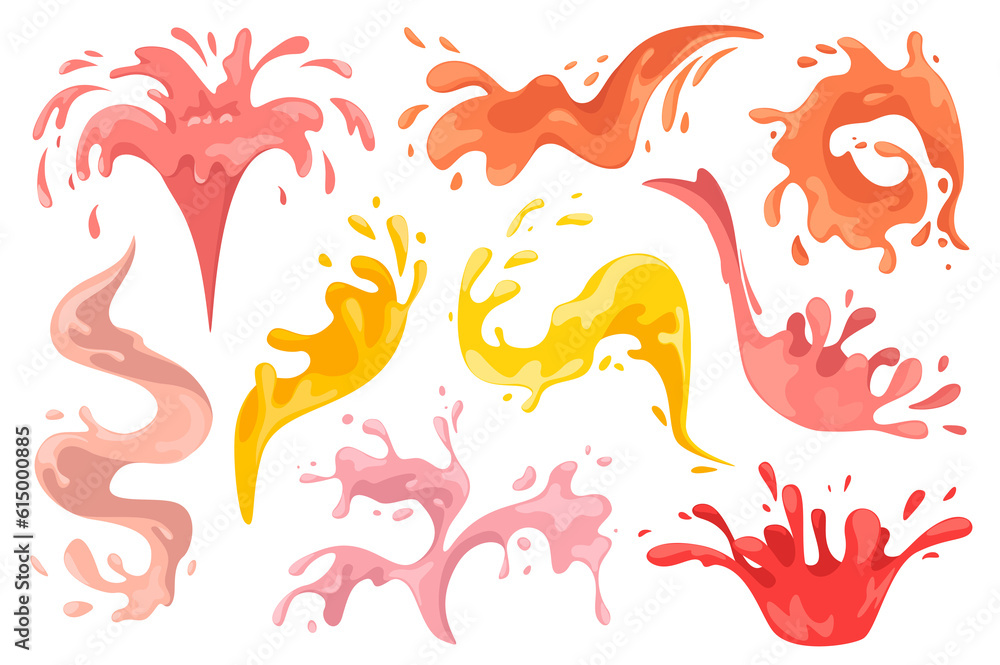Liquid splashes with drops mega set graphic elements in flat design. Bundle of colorful liquid falling and flowing, juicy or milk beverage streaming with sprays. Illustration isolated objects Liquid splashes with drops mega set graphic elements in flat design. Bundle of colorful liquid falling and flowing, juicy or milk beverage streaming with sprays. Illustration isolated objects