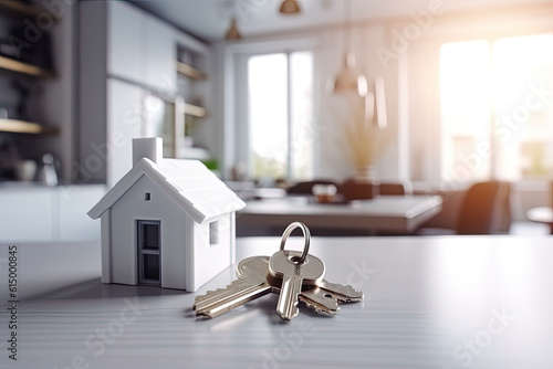 White house model and house keys on the table in new apartment. Mortgage, loan approval, home loan and insurance concept. Generative AI