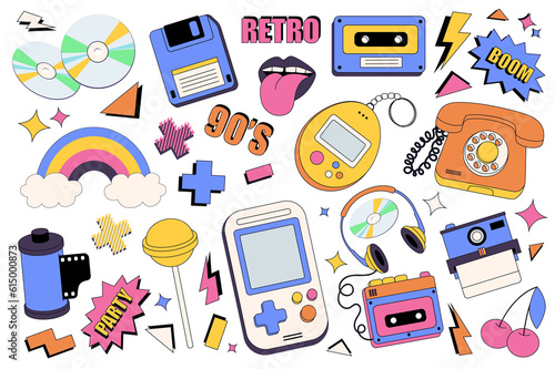 90s retro style mega set graphic elements in flat design. Bundle of music discs, floppy disk, mouth with tongue, cassette, toys and devices, rainbow, candy, other. Illustration isolated objects