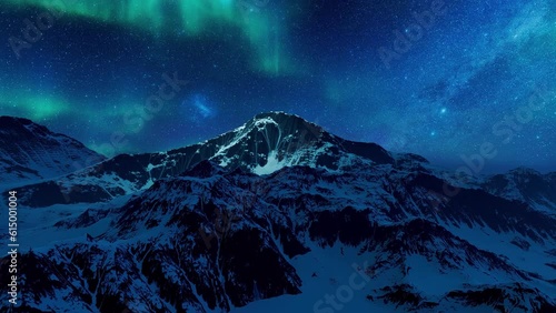 Northern lights over high mountains covered with snow. Animation on the theme of nature and climate, landscapes and territories.