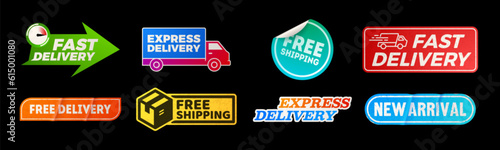Vintage delivery sticker ribbon label icon vector. Free express promotion tag design for shipping with speed truck. Best premium cargo offer retro illustration for website or retail advertising.