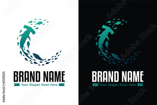 logotype of hammerhead shark and tuna ocean animal illustration logo design