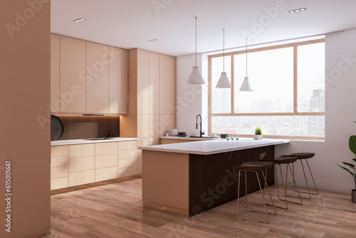 Perspective view of spacious empty modern kitchen interior with wooden floor and beige and white walls. 3D Rendering