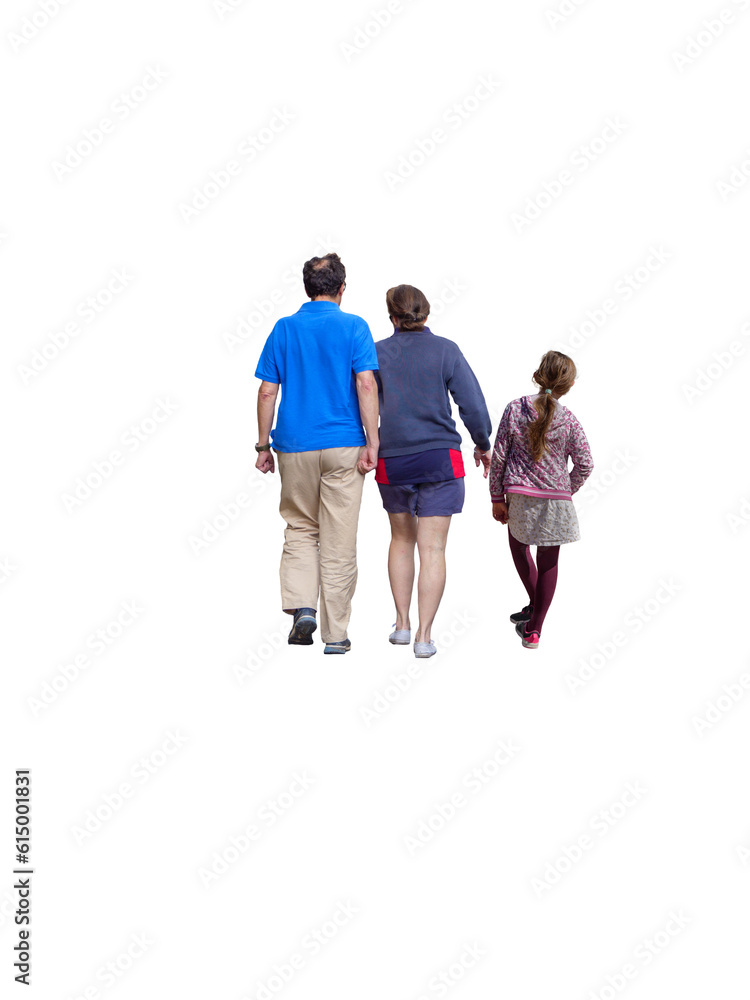 Obraz premium Famille de trois personnes vue de dos, marchant côte à côte en extérieur, un homme, une femme et une jeune fille, tenues décontractées de printemps,, ambiance conviviale et détendue