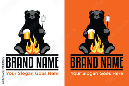 simple bear campfire with beer and marshmallow illustration logo design