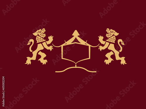 luxury asian Lion crest heraldry logo. Elegant gold heraldic shield icon. Premium brand identity emblem. Royal coat of arms