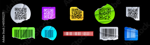 Torn barcode paper sticker label vector design. Bar code sign icon elements in round and square ruined shape with wrinkle. 3d realistic damage strip tag with fold clipart illustration collection