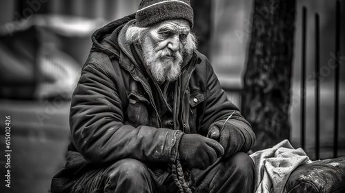 old homeless man on the city street, black and white made with Generative AI