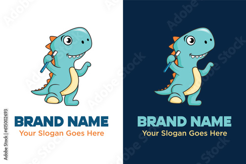 Cute T-Rex Tyrannosaurus rex with toothbrush for dentist illustration logo design