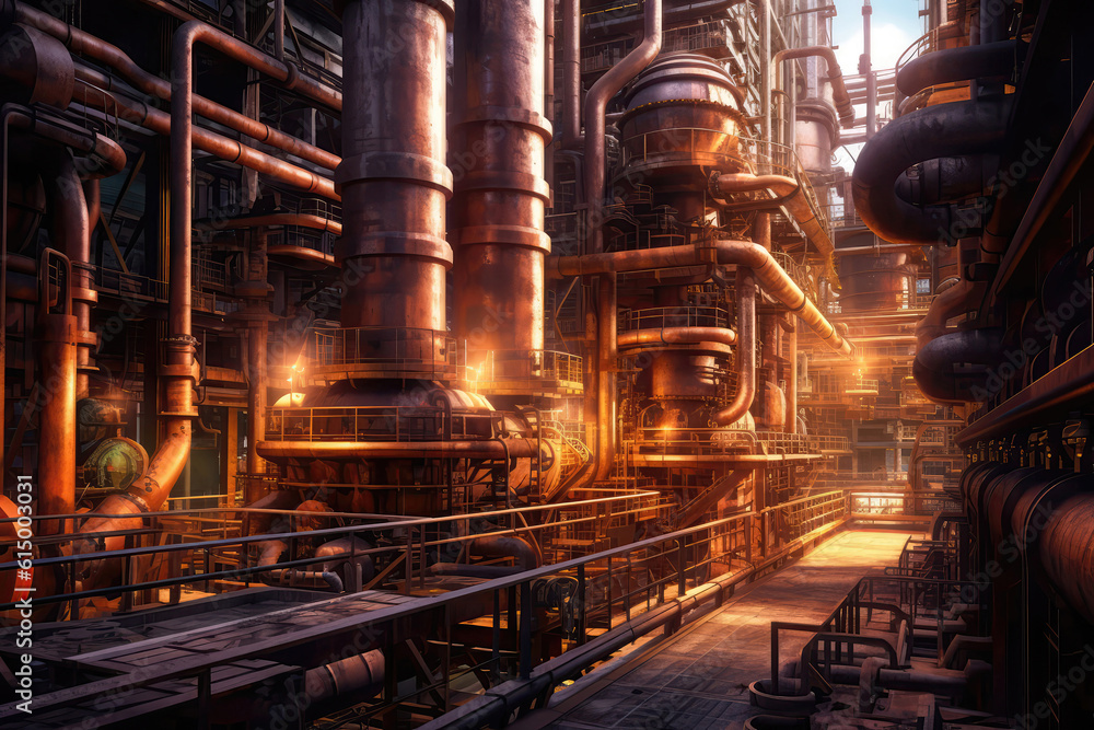 Copper Refinery Plant With Intricate Pipelines And Industrial Machinery. Generative AI