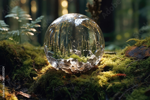 A Crystal Clear Ball On The Ground In The Forest. Generative AI