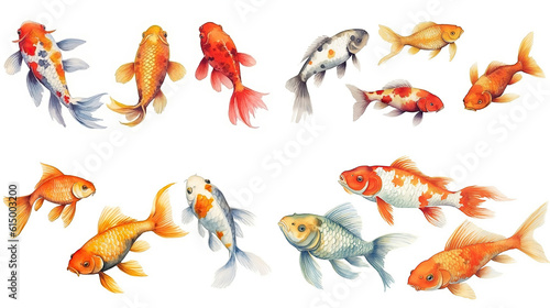 Set of koi, carp fish on an isolated white background, watercolor illustration, hand drawing