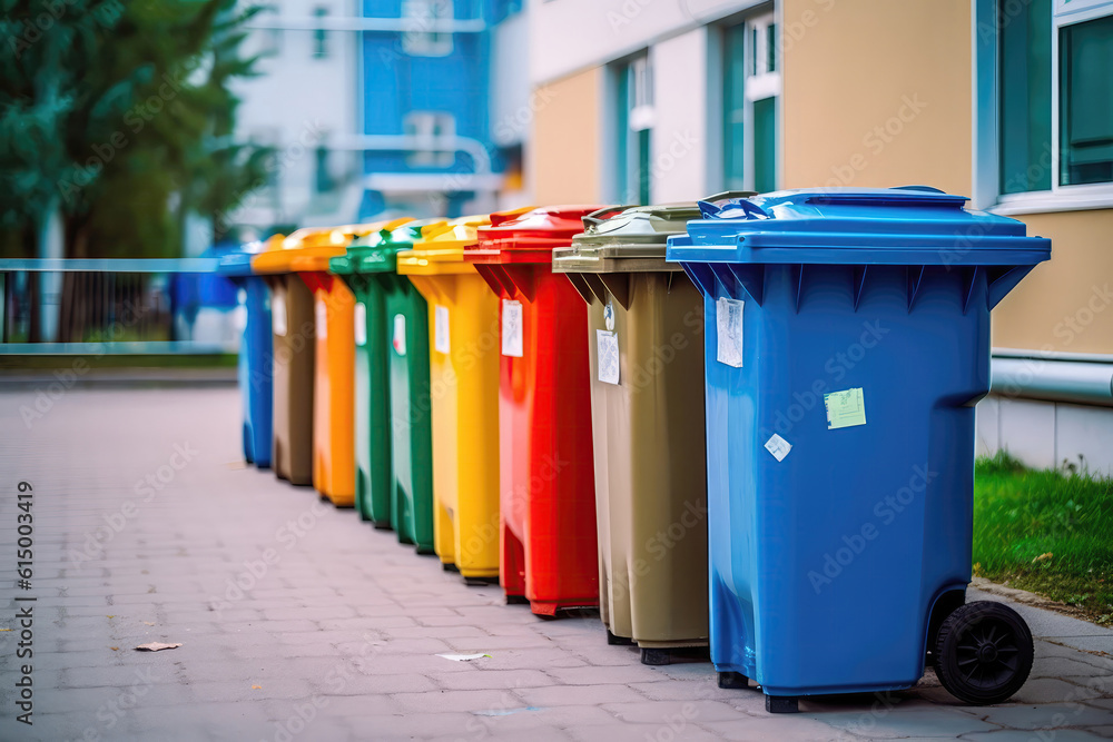 Recycling Bins Filled With Sorted Paper, Plastic, And Glass. Generative AI Recycling Bins Filled With Sorted Paper, Plastic, And Glass. Generative AI