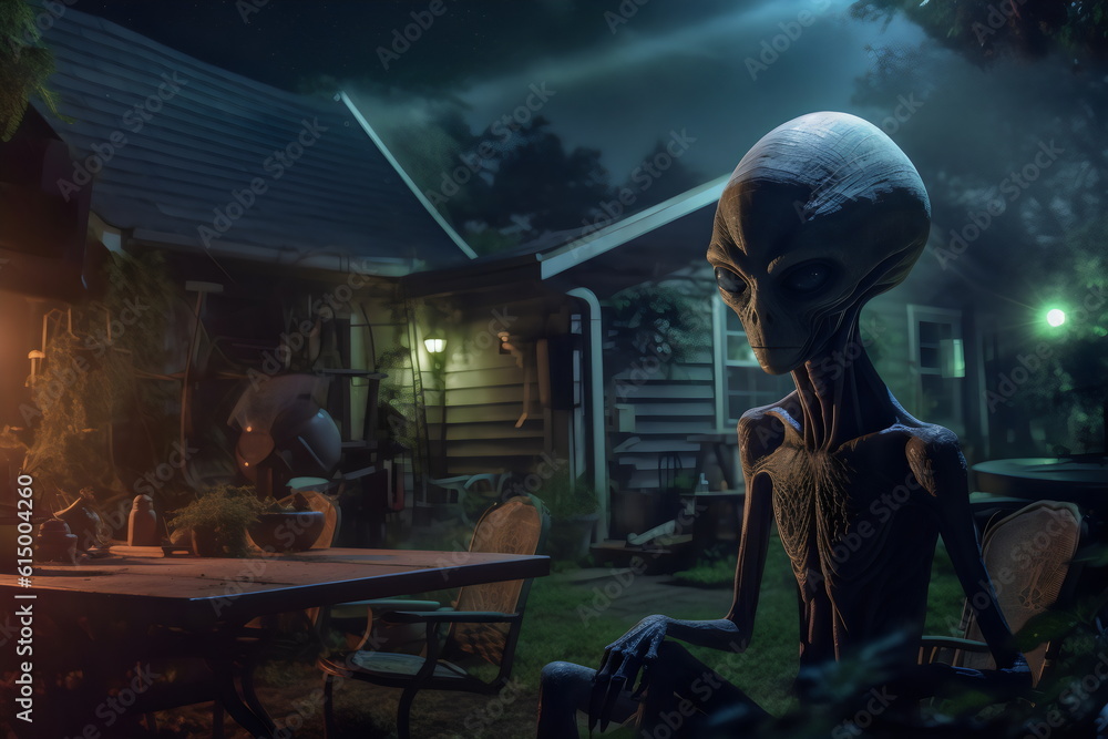 alien sitting on suburban backyard chair at night, made with generative ai