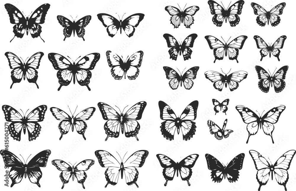 Fototapeta premium Set of butterflies, black and white design, vector illustration, SVG, great for t-shirts, mugs, birthday cards, wall stickers, stickers, iron-on, scrapbooking,