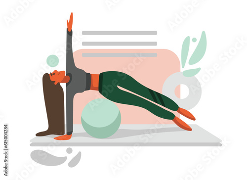Handsome positive girl doing yoga and stretching exercises on ball. Physical and spiritual practice. Reducing level of stress doing sports. Vector flat style