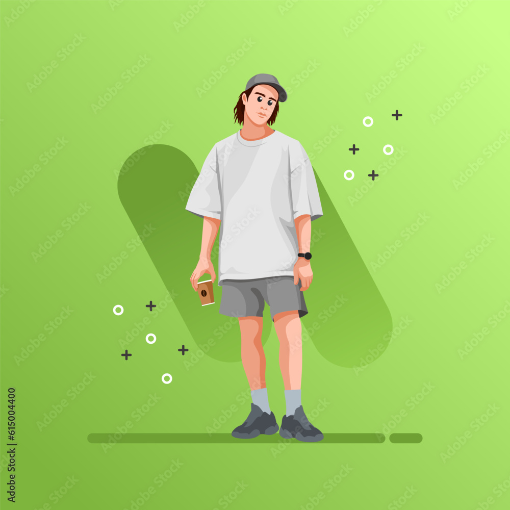 Street fashion vector flat design illustration. Street style outfit standing and walking. Cartoon male character isolated on gradations background. Street fashion vector flat design illustration. Street style outfit standing and walking. Cartoon male character isolated on gradations background.