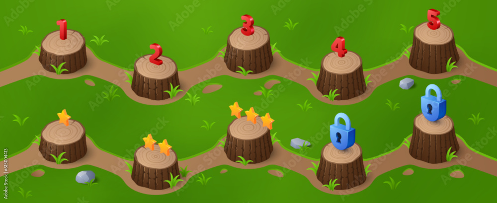 Game level indicator to select on map ui interface cartoon design. Isometric forest with wooden stump mark, number and star. Nature forest pointer and lock place. 2d progress selection template