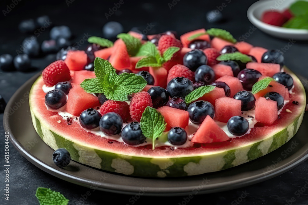 Watermelon Pizza With Yogurt On Plate. Generative AI Watermelon Pizza With Yogurt On Plate. Generative AI