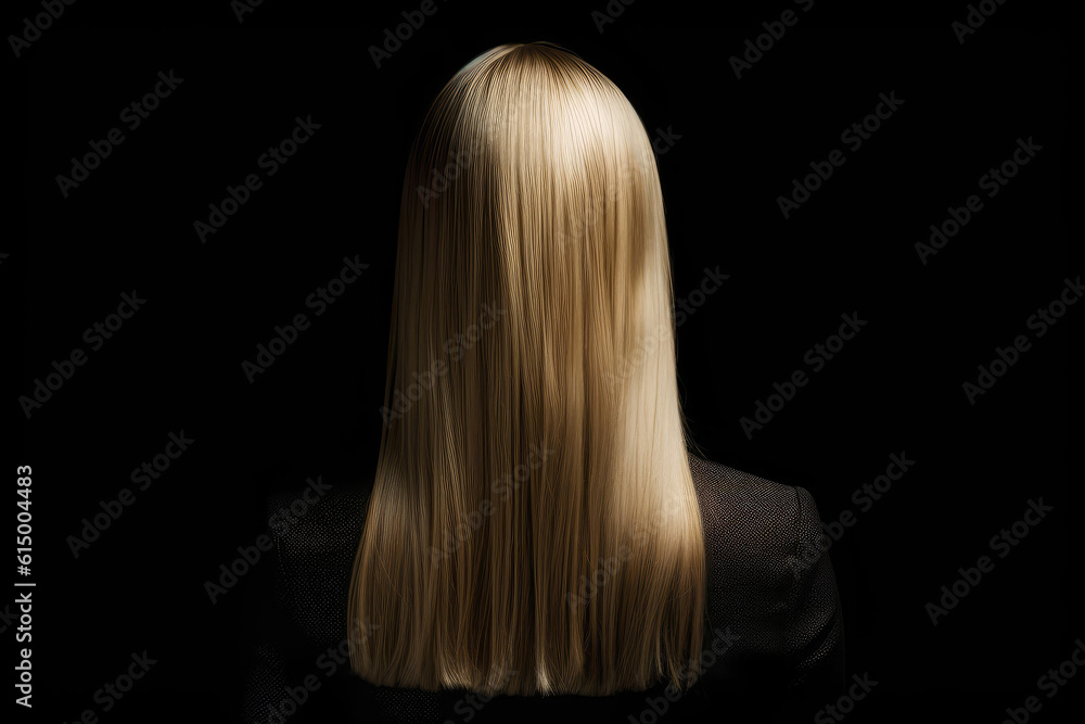 Medium Length Blonde Straight Hair , Rear View On Black Background. Generative AI Medium Length Blonde Straight Hair , Rear View On Black Background. Generative AI