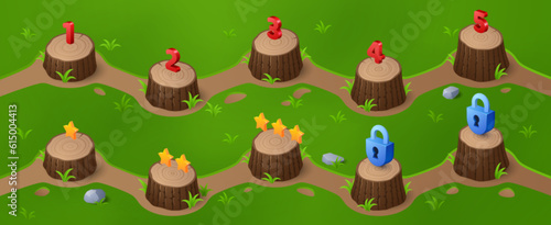 Game level indicator to select on map ui interface cartoon design. Isometric forest with wooden stump mark  number and star. Nature forest pointer and lock place. 2d progress selection template