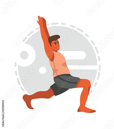 Brunet positive cartoon guy puts his hands up and practices yoga poses. Morning workout in gym. Physical and spiritual practice. Reducing level of stress doing sports. Vector