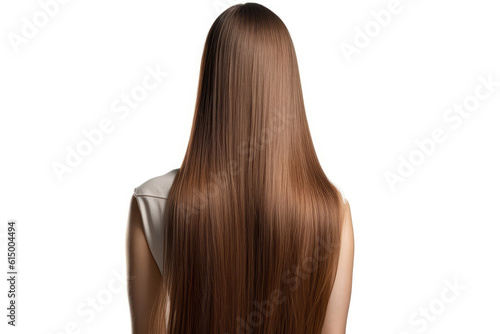 Long Brown Straight Hair , Rear View On White Background. Generative AI