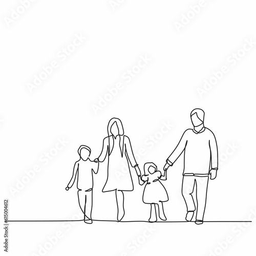 One line of father mother and two children walking. Mom and daddy with boy and girl. Father day and parent day. Hand drawn Continuous single line art isolated on white background.