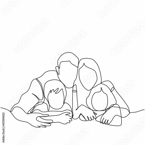 One line of father mother and two children. Mom and daddy with boy and girl. Father day and parent day. Hand drawn Continuous single line art isolated on white background.