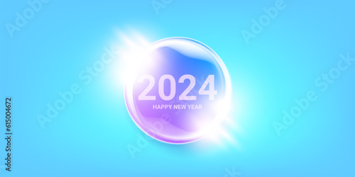 2024 Happy new year horizontal banner background and 2024 greeting card with text. vector 2024 new year sticker, label, icon, logo and badge isolated on stylish blue background