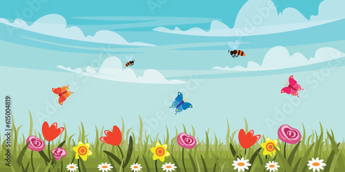 Vector illustration of a beautiful landscape with a meadow. Cartoon scene of sunny landscape with sky and clouds, grass, flowers: daffodils, tulips, roses, poppies, daisies, butterflies and bees.