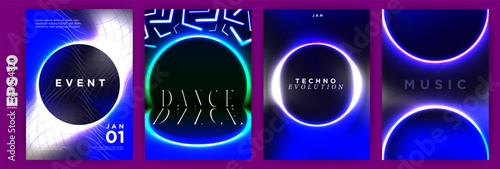 Set of Abstract Neon Poster templates background with neon and digital elements. Light and glow concept. Perfect for nightlife, music, dj, electric, digital, festivals, clubs, party. Vector. EPS 10.