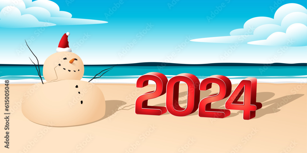 Obraz premium Sandy Christmas Snowman is celebrating a Happy New Year on a beautiful beach with 2024 3d text, concept for new year 2024