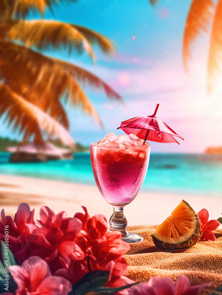 Obraz premium Hello Summer Beach poster with Mocktail glass and tropical trees - ai generative