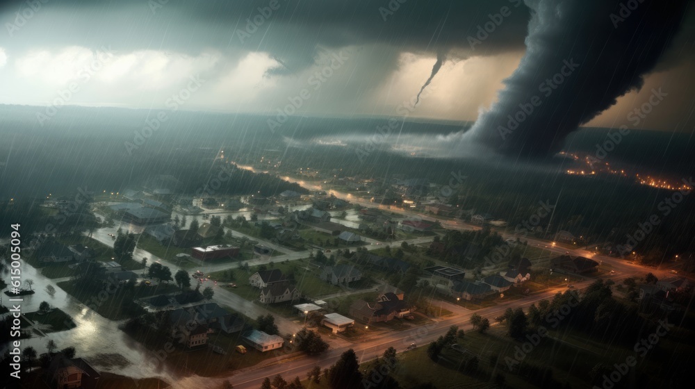 Extreme Weather: An image of a tornado tearing through a town, illustrating the intensified storms caused by climate change | generative ai