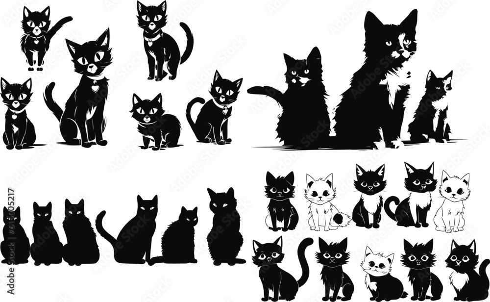 Set of kittens, black and white design, vector illustration, SVG, great for t-shirts, mugs, birthday cards, wall stickers, stickers, iron-on, scrapbooking, Set of kittens, black and white design, vector illustration, SVG, great for t-shirts, mugs, birthday cards, wall stickers, stickers, iron-on, scrapbooking,