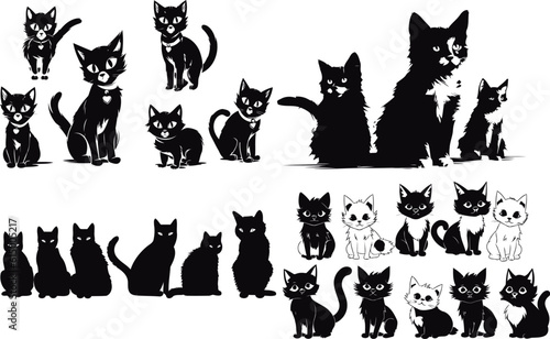 Set of kittens, black and white design, vector illustration, SVG, great for t-shirts, mugs, birthday cards, wall stickers, stickers, iron-on, scrapbooking,