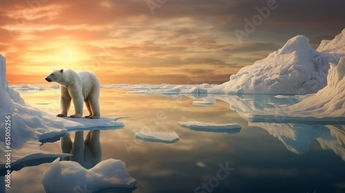 Melting Horizons  A polar bear on a shrinking ice floe against a backdrop of vanishing glaciers   generative ai