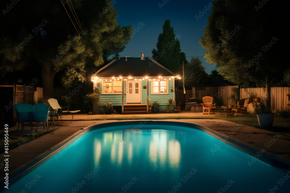 lit suburban backyard pool and house at night, made with generative ai