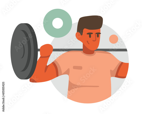 Cartoon happy guy lifts barbell to gain muscle mass. Time for sports exercises. Active and healthy lifestyle. Regular physical activity. Vector illustration