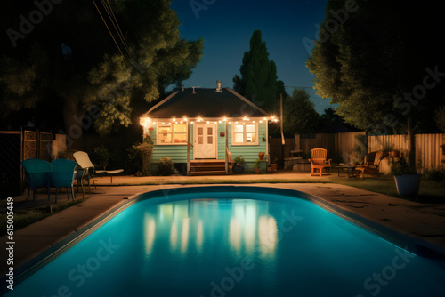 lit suburban backyard pool and house at night, made with generative ai © Ricky