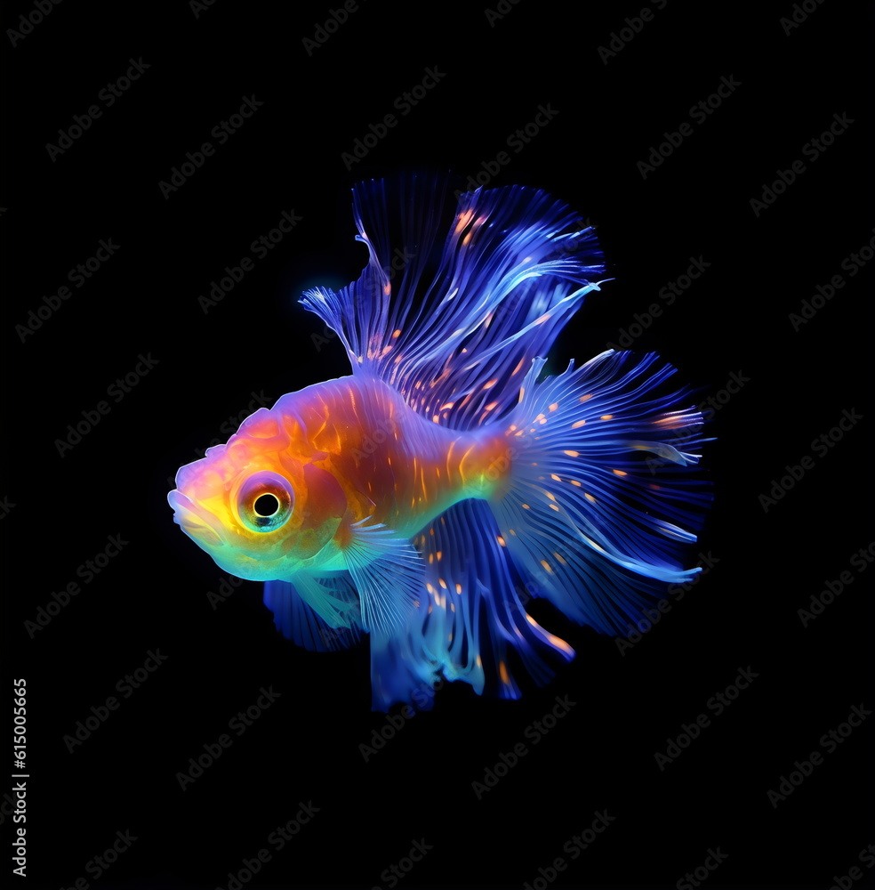 Fototapeta premium beautiful iridescent orange, blue and green neon transparent glass fish on black background, generative ai 