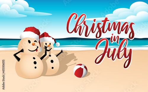 Christmas in July sale template design with sandy snowmen on a beautiful beach