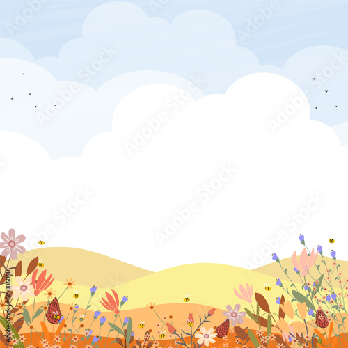 Autumn Background Autumnal Landscape with flowers Mountain Blue Sky and Clouds Horizon Fall scenery rural in countryside Vector illustration Cute Cartoon banner for Harvest or Thanksgiving festival